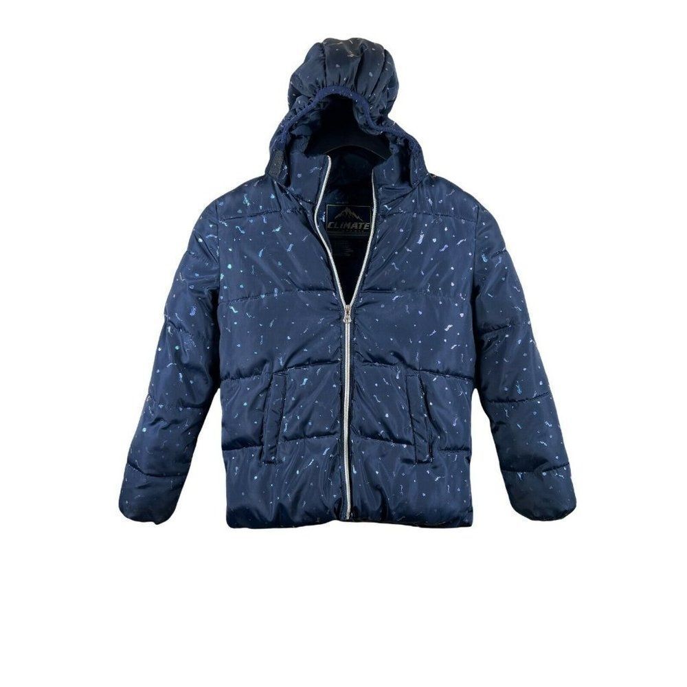 Climate Concepts Girls Blue Hooded Purple Metallic Unicorn Puffer Jacket S 6/6x